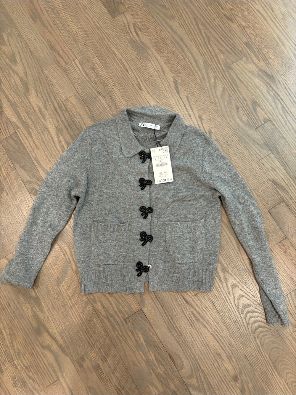 Zara Gray Knit Cardigan with Black bows